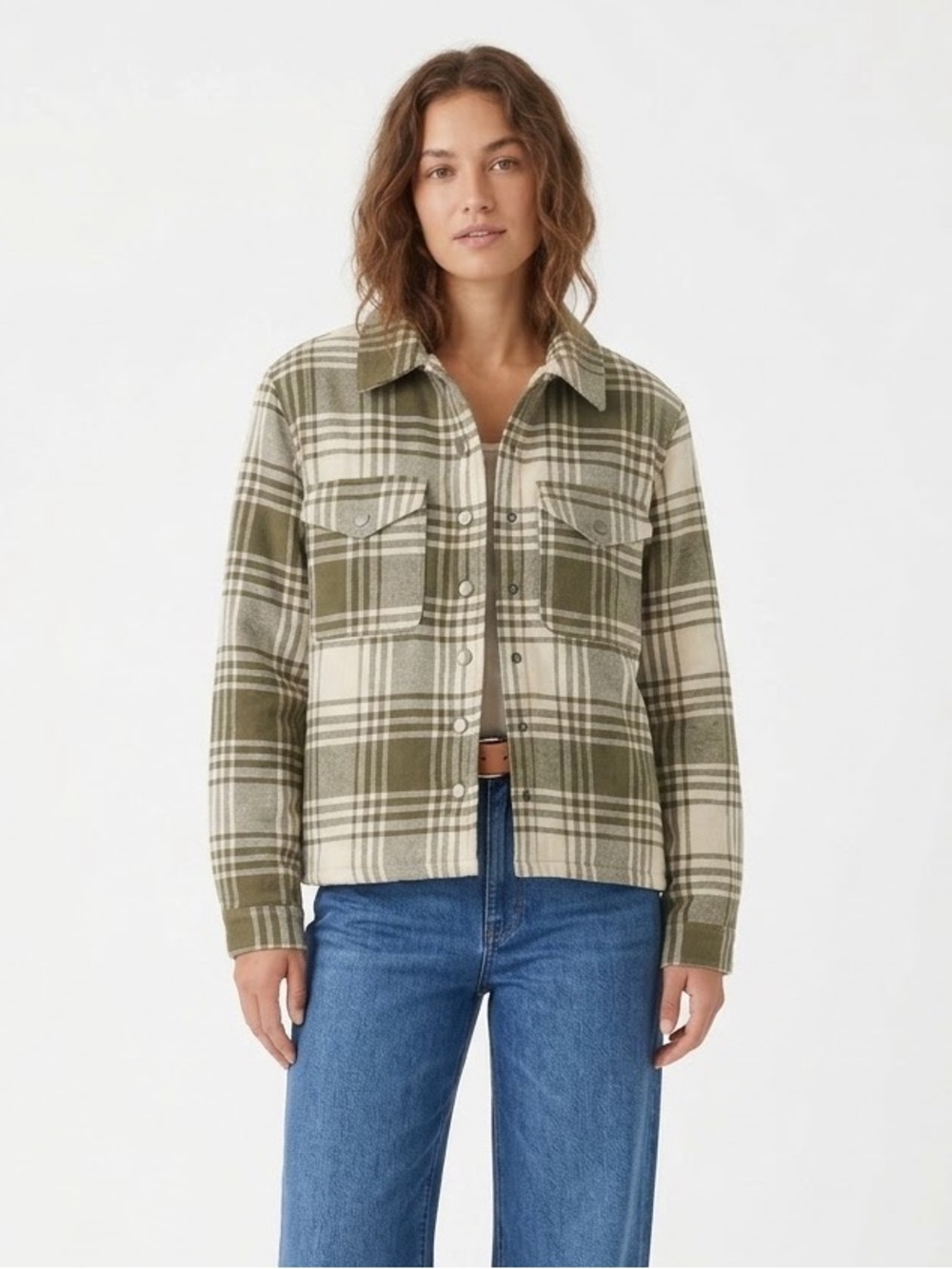Lucky Brand Plaid Sherpa Lined Shirt Jacket Shacket Olive Cream Small